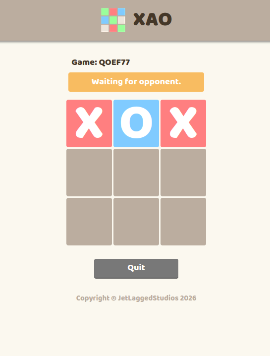 An image showing the noughts and crosses gameboard, with a banner that says 'waiting for opponent'.